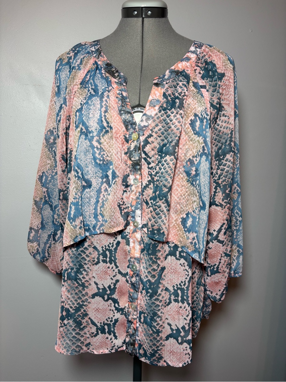 New Directions Button-Front Snake-Print Tunic Top in Pink and Blue - large